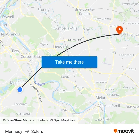 Mennecy to Solers map