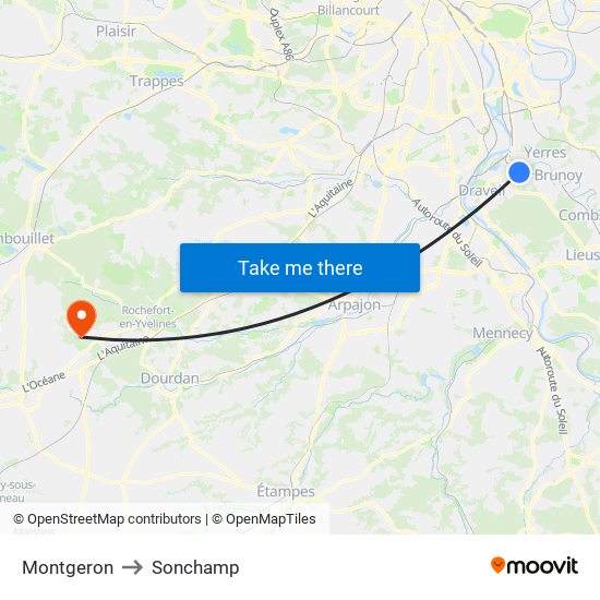 Montgeron to Sonchamp map