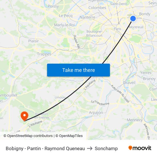 Bobigny - Pantin - Raymond Queneau to Sonchamp map
