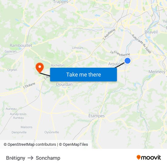 Brétigny to Sonchamp map