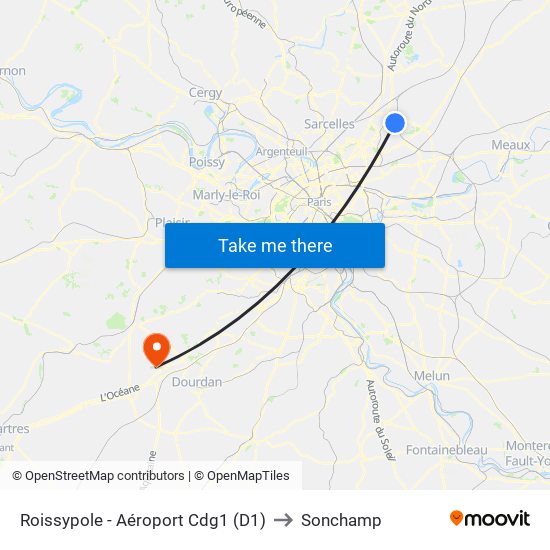 Roissypole - Aéroport Cdg1 (D1) to Sonchamp map