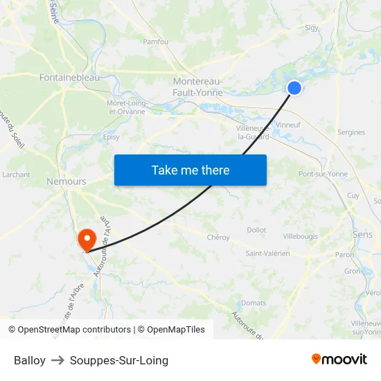 Balloy to Souppes-Sur-Loing map