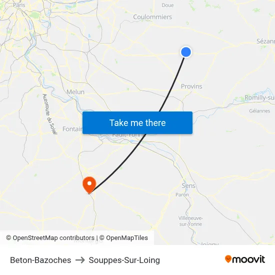 Beton-Bazoches to Souppes-Sur-Loing map