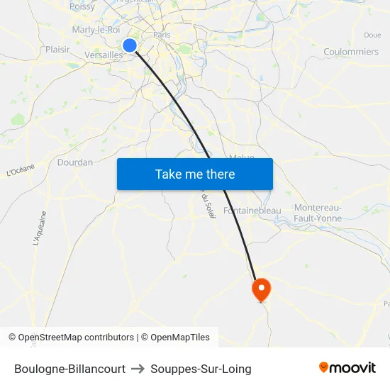 Boulogne-Billancourt to Souppes-Sur-Loing map