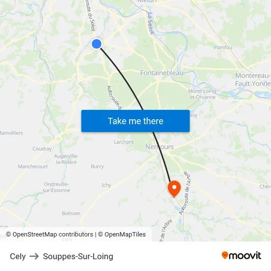 Cely to Souppes-Sur-Loing map