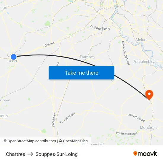 Chartres to Souppes-Sur-Loing map