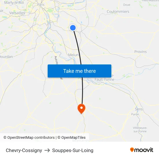 Chevry-Cossigny to Souppes-Sur-Loing map