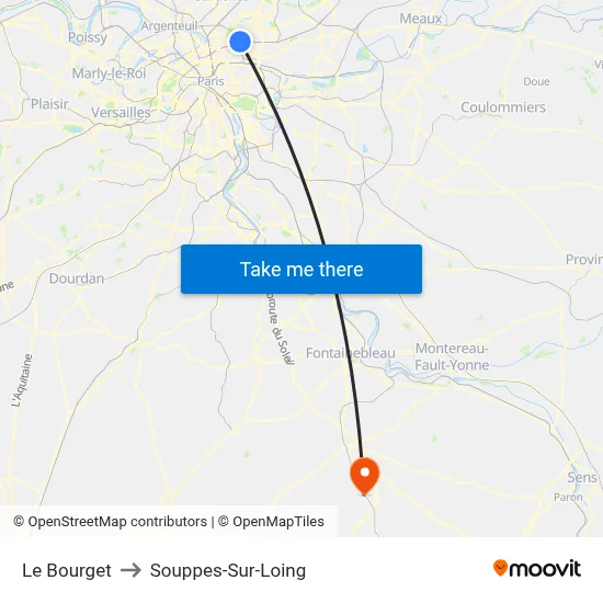 Le Bourget to Souppes-Sur-Loing map