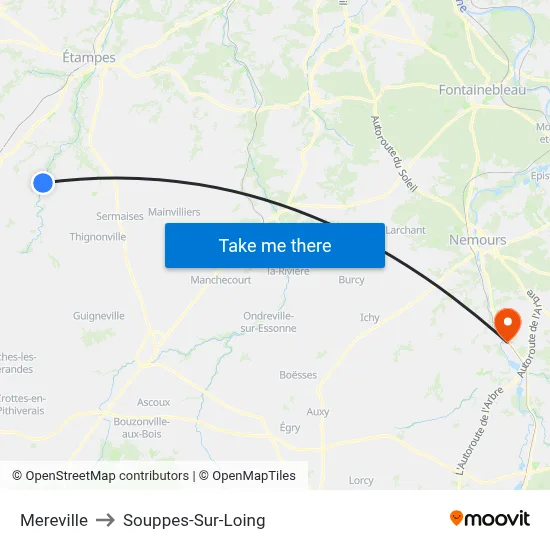 Mereville to Souppes-Sur-Loing map