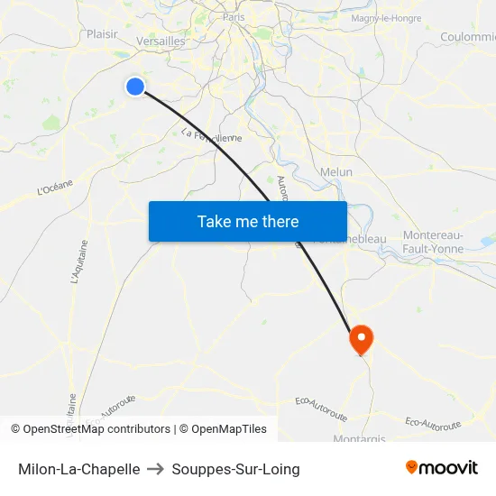 Milon-La-Chapelle to Souppes-Sur-Loing map