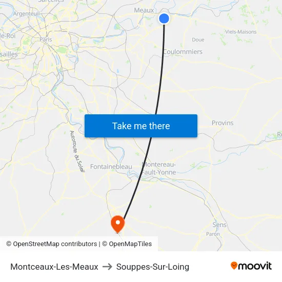 Montceaux-Les-Meaux to Souppes-Sur-Loing map