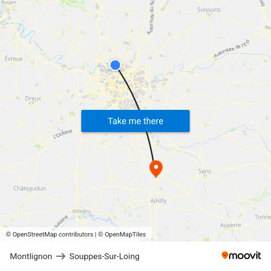Montlignon to Souppes-Sur-Loing map