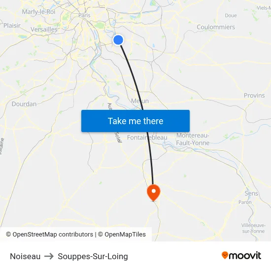 Noiseau to Souppes-Sur-Loing map