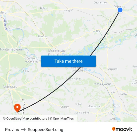 Provins to Souppes-Sur-Loing map