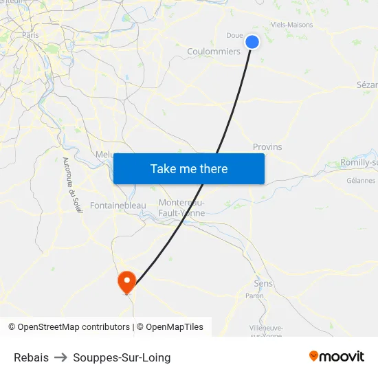 Rebais to Souppes-Sur-Loing map