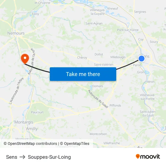 Sens to Souppes-Sur-Loing map