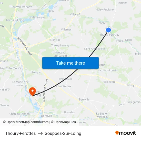 Thoury-Ferottes to Souppes-Sur-Loing map