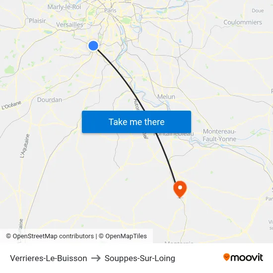 Verrieres-Le-Buisson to Souppes-Sur-Loing map