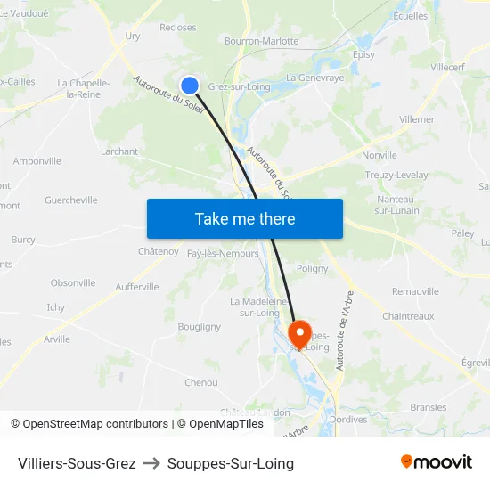 Villiers-Sous-Grez to Souppes-Sur-Loing map