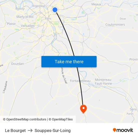 Le Bourget to Souppes-Sur-Loing map