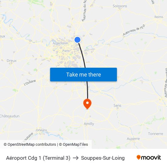 Aéroport Cdg 1 (Terminal 3) to Souppes-Sur-Loing map