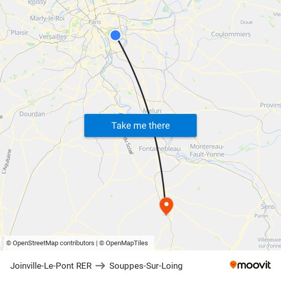 Joinville-Le-Pont RER to Souppes-Sur-Loing map