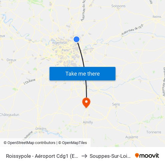 Roissypole - Aéroport Cdg1 (E2) to Souppes-Sur-Loing map