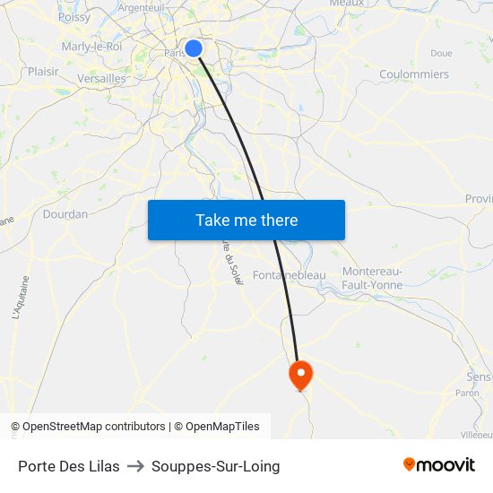 Porte Des Lilas to Souppes-Sur-Loing map