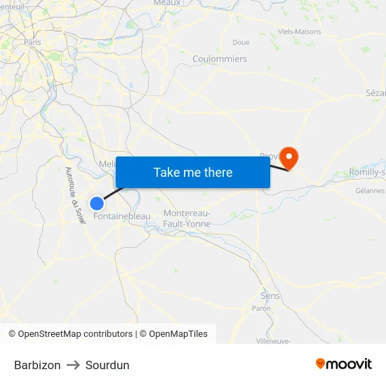 Barbizon to Sourdun map