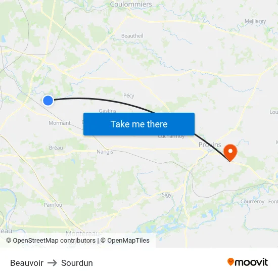 Beauvoir to Sourdun map