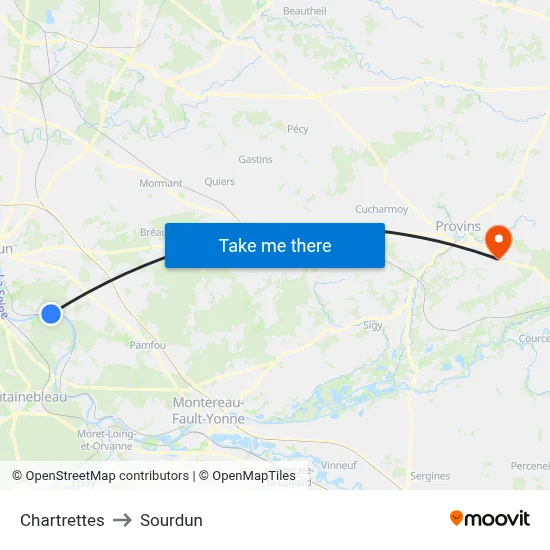 Chartrettes to Sourdun map