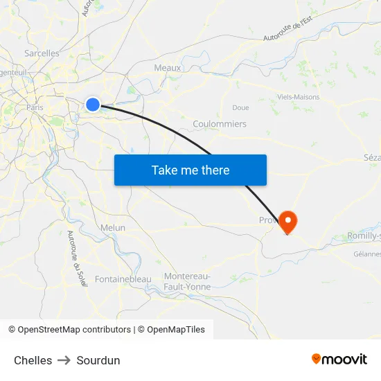 Chelles to Sourdun map