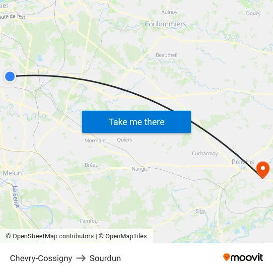 Chevry-Cossigny to Sourdun map