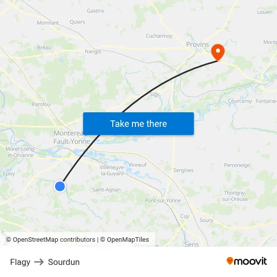 Flagy to Sourdun map