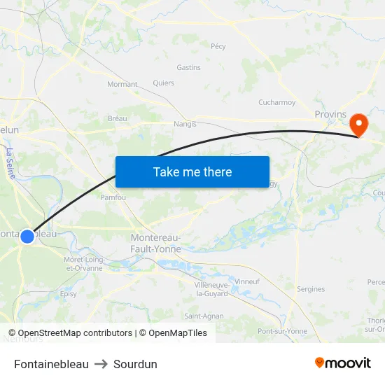 Fontainebleau to Sourdun map