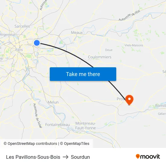Les Pavillons-Sous-Bois to Sourdun map