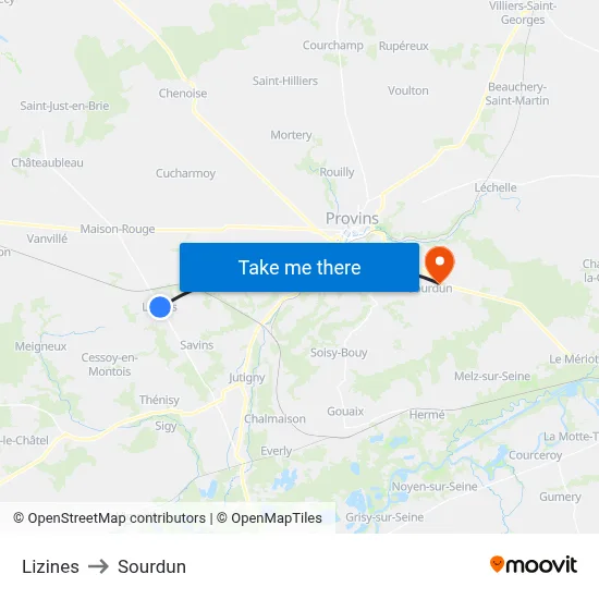 Lizines to Sourdun map
