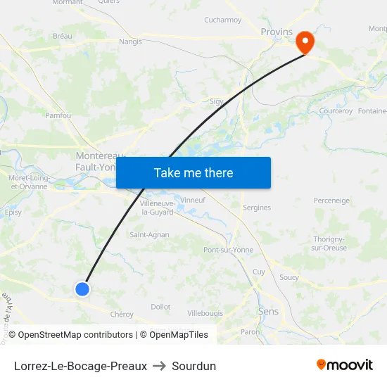 Lorrez-Le-Bocage-Preaux to Sourdun map
