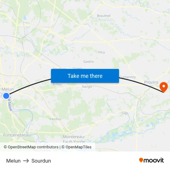 Melun to Sourdun map
