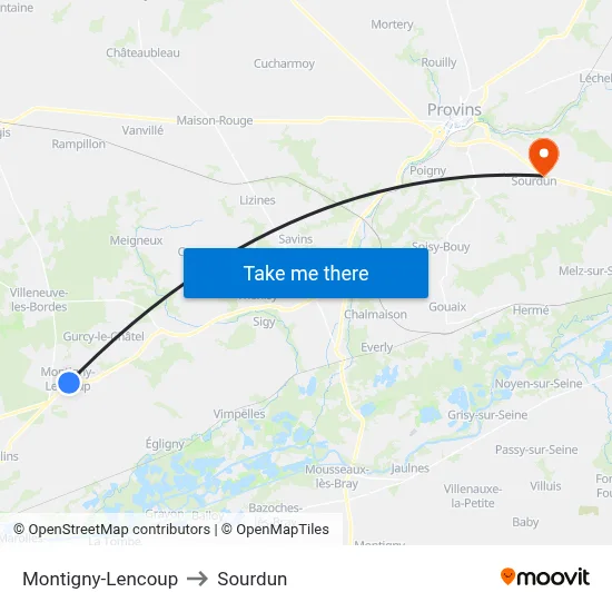 Montigny-Lencoup to Sourdun map