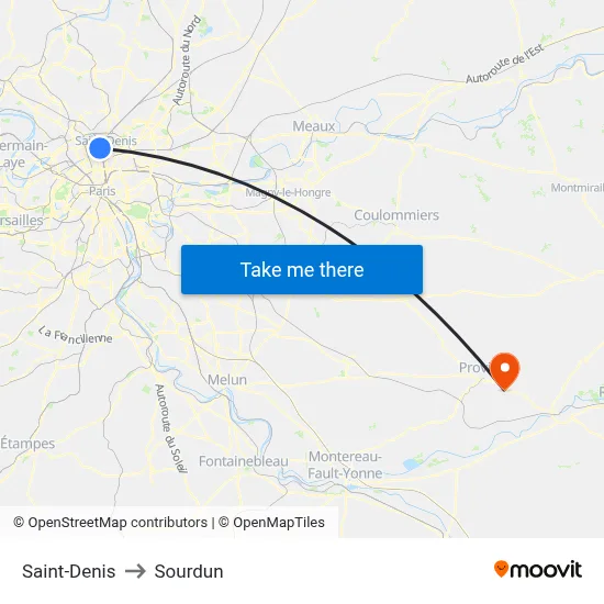 Saint-Denis to Sourdun map