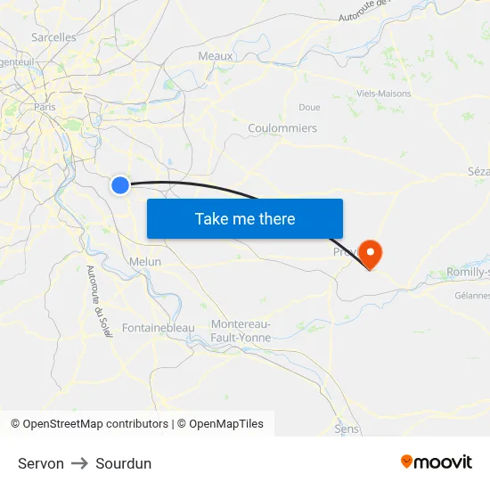 Servon to Sourdun map