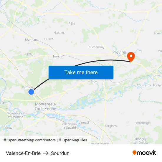 Valence-En-Brie to Sourdun map