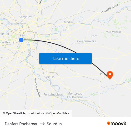Denfert-Rochereau to Sourdun map