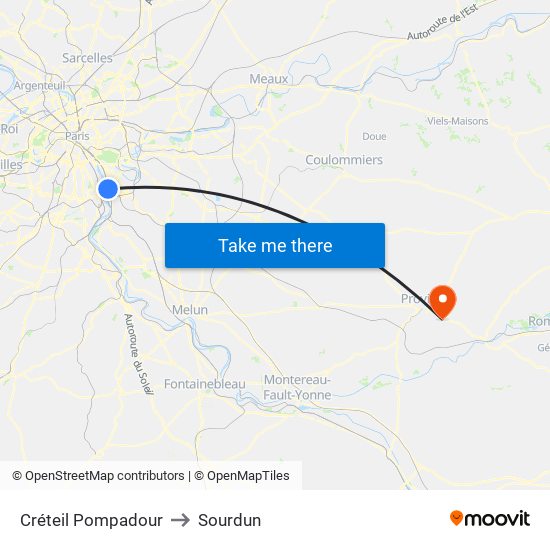 Créteil Pompadour to Sourdun map