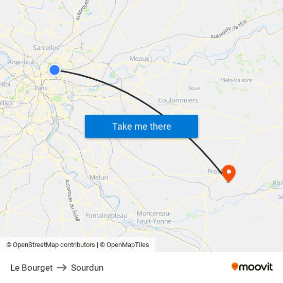 Le Bourget to Sourdun map