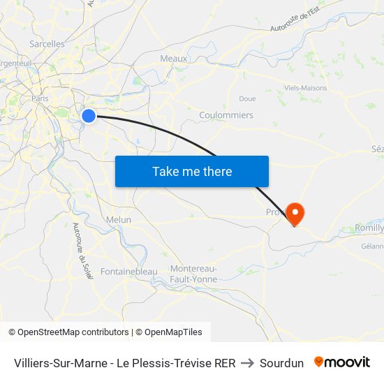 Villiers-Sur-Marne - Le Plessis-Trévise RER to Sourdun map