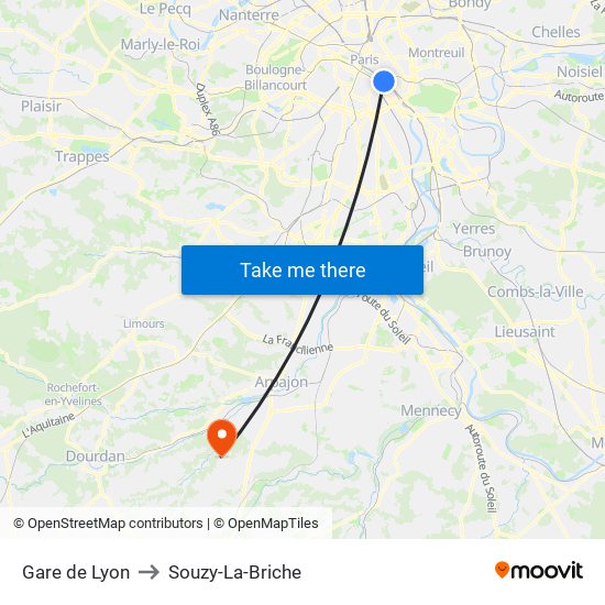 Gare de Lyon to Souzy-La-Briche map