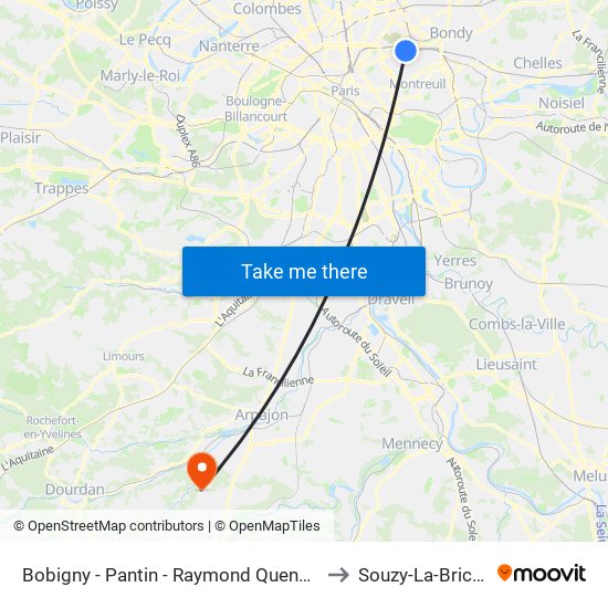 Bobigny - Pantin - Raymond Queneau to Souzy-La-Briche map