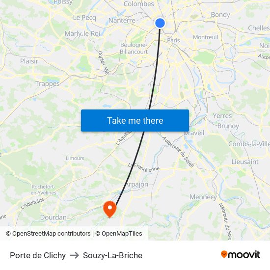 Porte de Clichy to Souzy-La-Briche map
